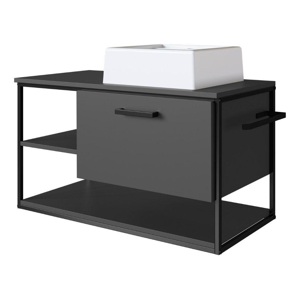 Gabinete Suspenso Para Banheiro Com Lavatório E Porta Basculante Grafite - 4