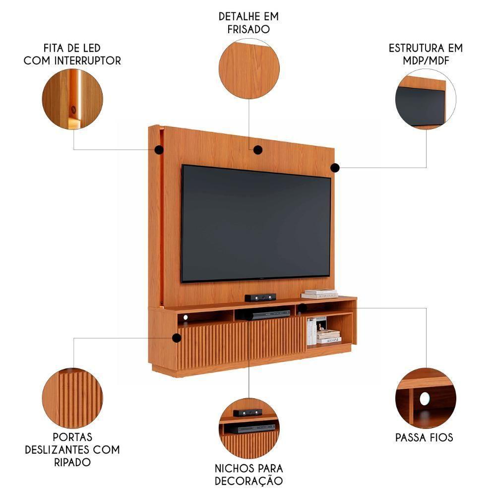 Estante Painel Tv 75 Pol Com Led 200cm Mafra Freijó C05 - Mpozenato - 3