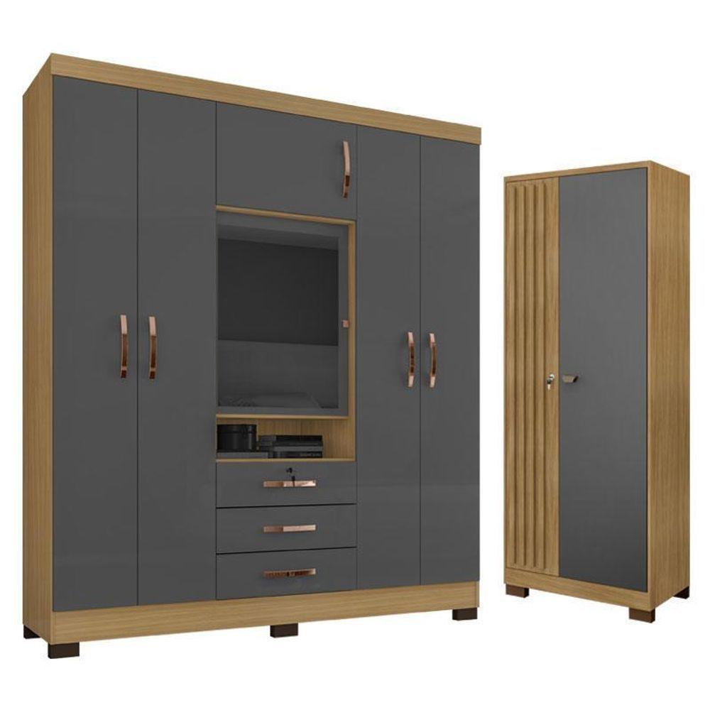 Guarda Roupa Casal Imperial Com Armário Multiuso Versátile Carvalho Americano Grafite – Incorplac - 1