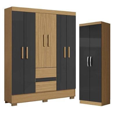 Guarda Roupa Casal Coimbra 6 Portas 2 Gavetas Atacama Grafite e Armário Multiuso