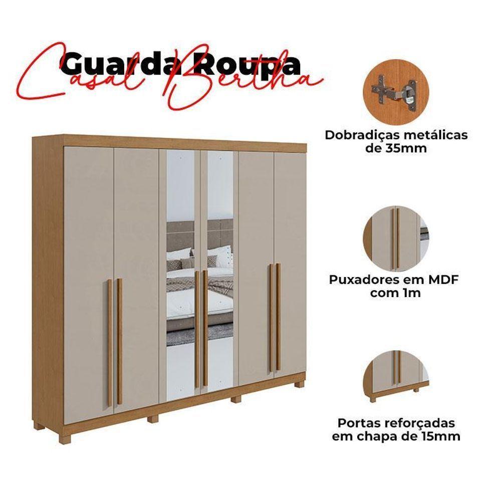 Guarda Roupa Casal Bertha 6 Portas Amêndoa Clean Off White Com Pés E Espelho - Lopas - 4