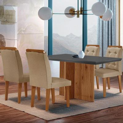 Sala de Jantar Olimpia 4 Lugares Tampo de Vidro com Cadeiras em MDF Grafite 120cm