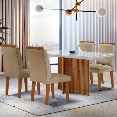 Sala de Jantar Olimpia 4 Lugares Tampo de Vidro Canto Reto Off White Mesa 120cm com Cadeiras