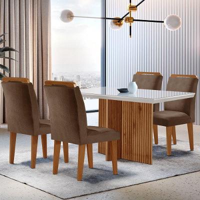Sala de Jantar Olimpia 4 Lugares Tampo de Vidro Canto Reto Marrom Off White e Imbuia 120cm