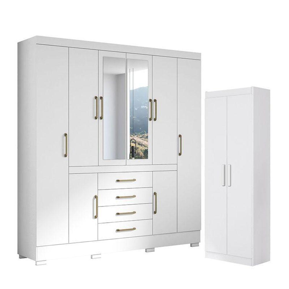 Guarda Roupa Casal Nápole 2045149 E Armário Multiuso 2000191 Branco Brilho - Aramóveis - 1