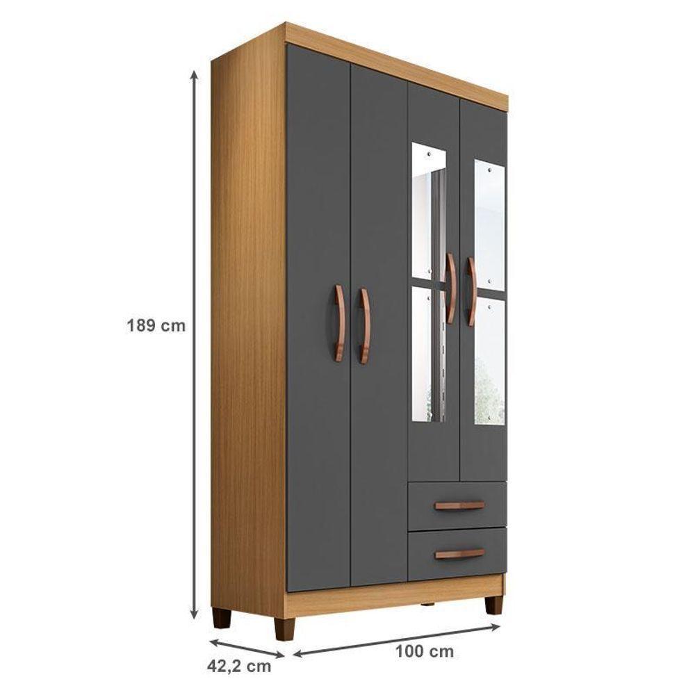 Guarda Roupa Solteiro Modena Com Espelho 4 Portas Carvalho Americano Grafite - Incorplac - 1