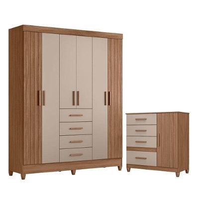 Guarda Roupa Solteiro e Cômoda Aruba Vênus 6 Portas 4 Gavetas em MDP Carvalho Fendi Fosco