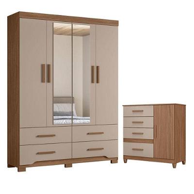 Guarda Roupa Solteiro e Cômoda Miami Vênus 4 Portas 4 Gavetas MDP Carvalho Fendi Fosco