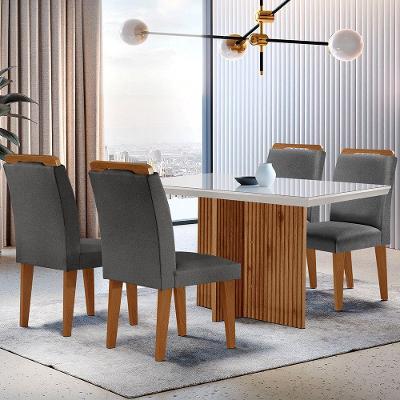 Sala de Jantar Olimpia 4 Lugares Tampo de Vidro Grafite Off White e Imbuia Mesa 120cm