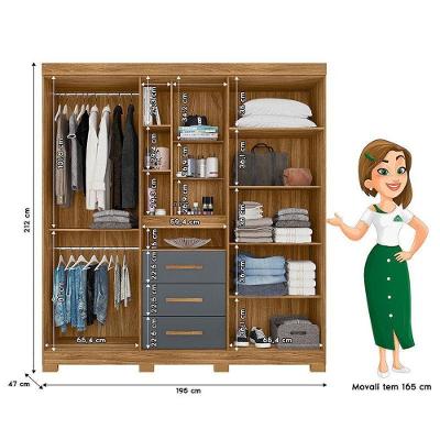 Guarda Roupa Solteiro Eldorado 5 Portas 3 Gavetas Freijó Cinza Moval