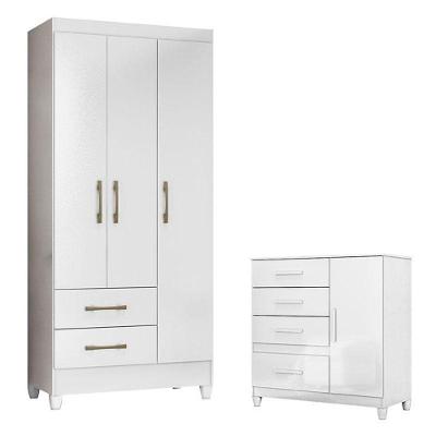 Guarda Roupa Infantil Lima e Cômoda Vênus 3 Portas de Bater 2 Gavetas MDP Branco Flex