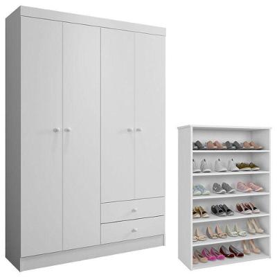 Guarda Roupa Casal Louise 4 Portas Bater 2 Gavetas Branco Brilho MDP AJL Móveis