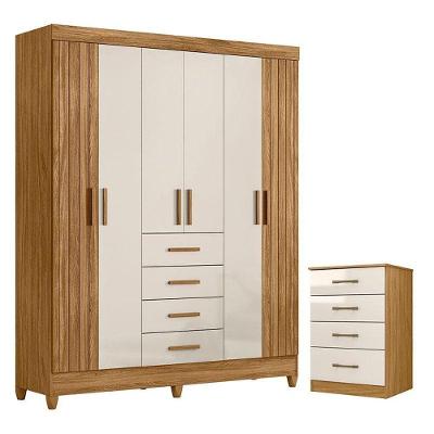 Guarda Roupa Solteiro e Cômoda Aruba Ms913 6 Portas Giratórias 4 Gavetas MDP Freijó Off White Brilho