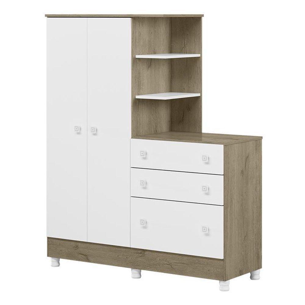 Guarda Roupa Com Cômoda Infantil Doce Sonho 2 Portas E 3 Gavetas Carvalho/branco Com Pés - Qmovi Carvalho/branco - 1