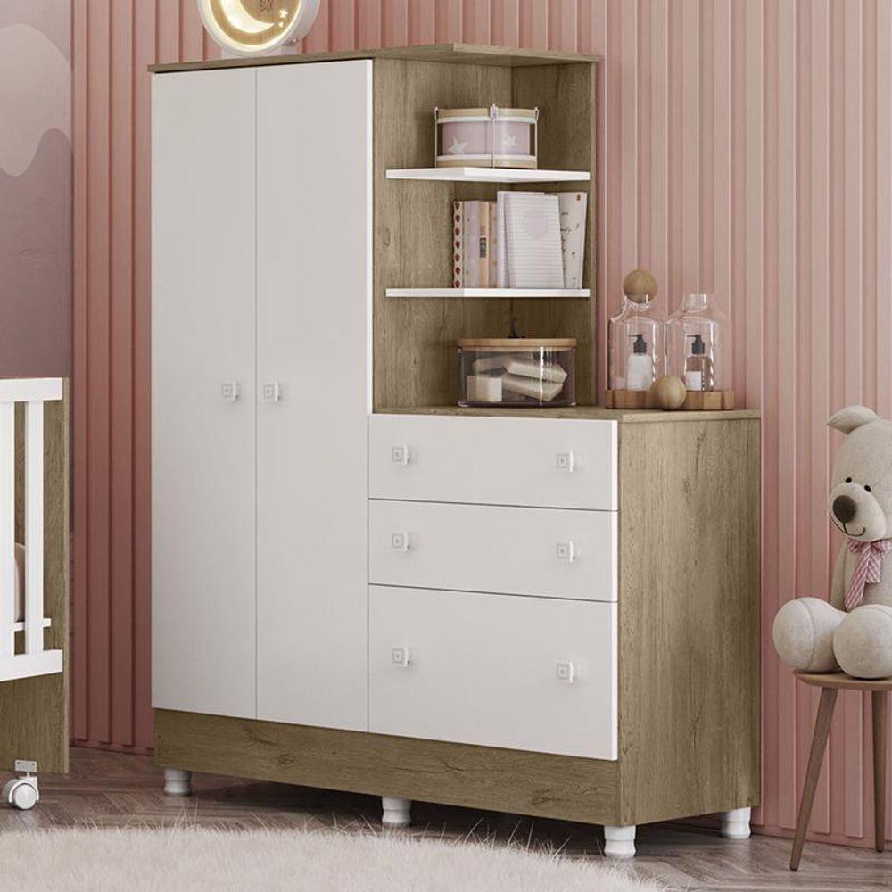 Guarda Roupa Com Cômoda Infantil Doce Sonho 2 Portas E 3 Gavetas Carvalho/branco Com Pés - Qmovi Carvalho/branco - 2
