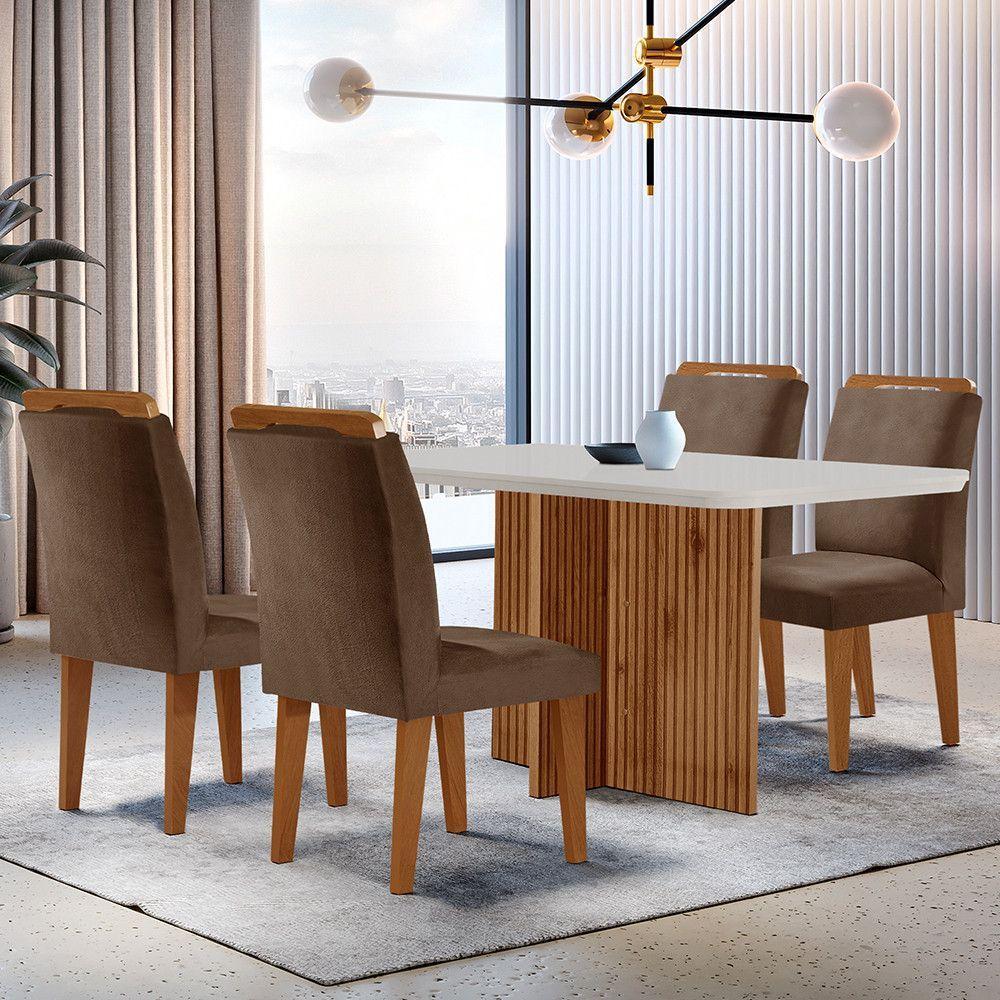 Sala De Jantar Mesa Olimpia 120cm Mdf Canto Reto Com 4 Cadeiras Athenas Marrom, Off White E Imbuia - 1