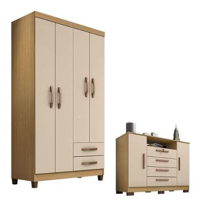 Guarda Roupa Solteiro com Cômoda Modena 4 Portas de Bater 2 Gavetas MDP Carvalho Americano Off White