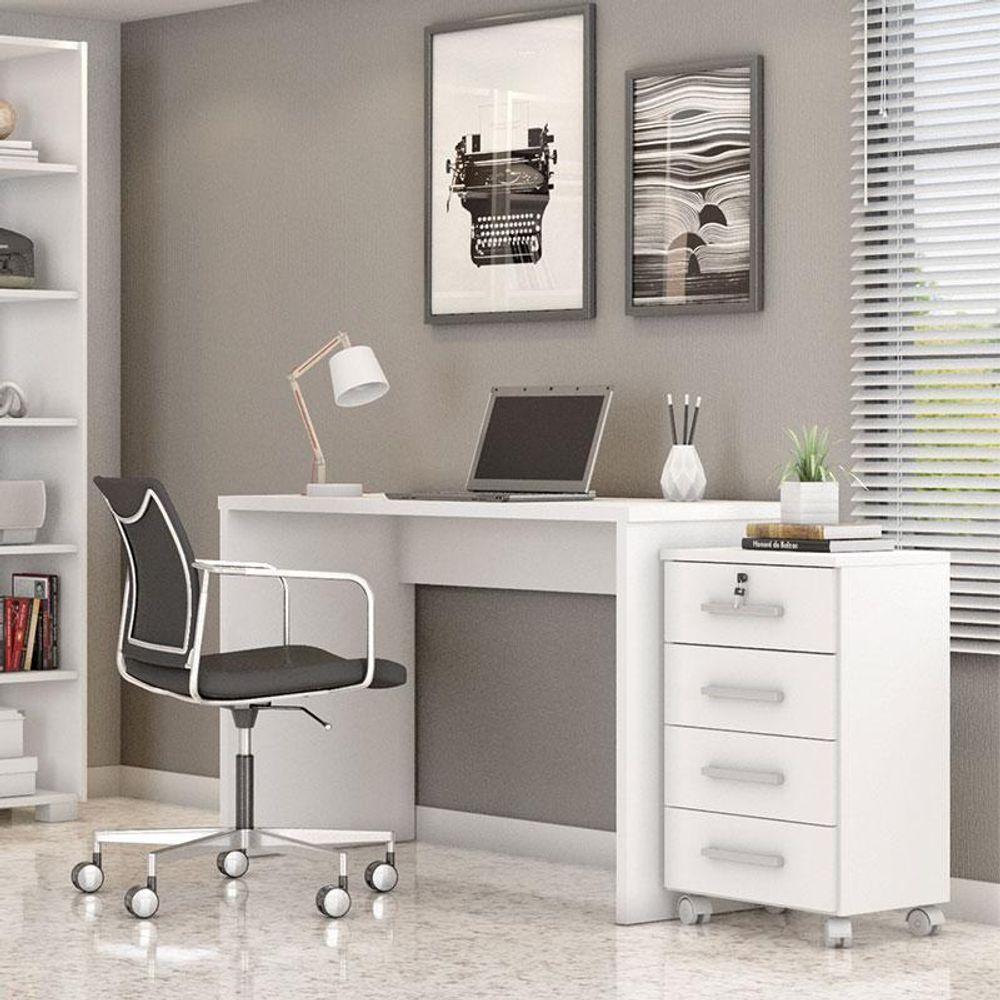 Mesa Para Computador E Gaveteiro Gávea Com Chave 4 Gavetas Branco Fosco - Móveis Leão - 7
