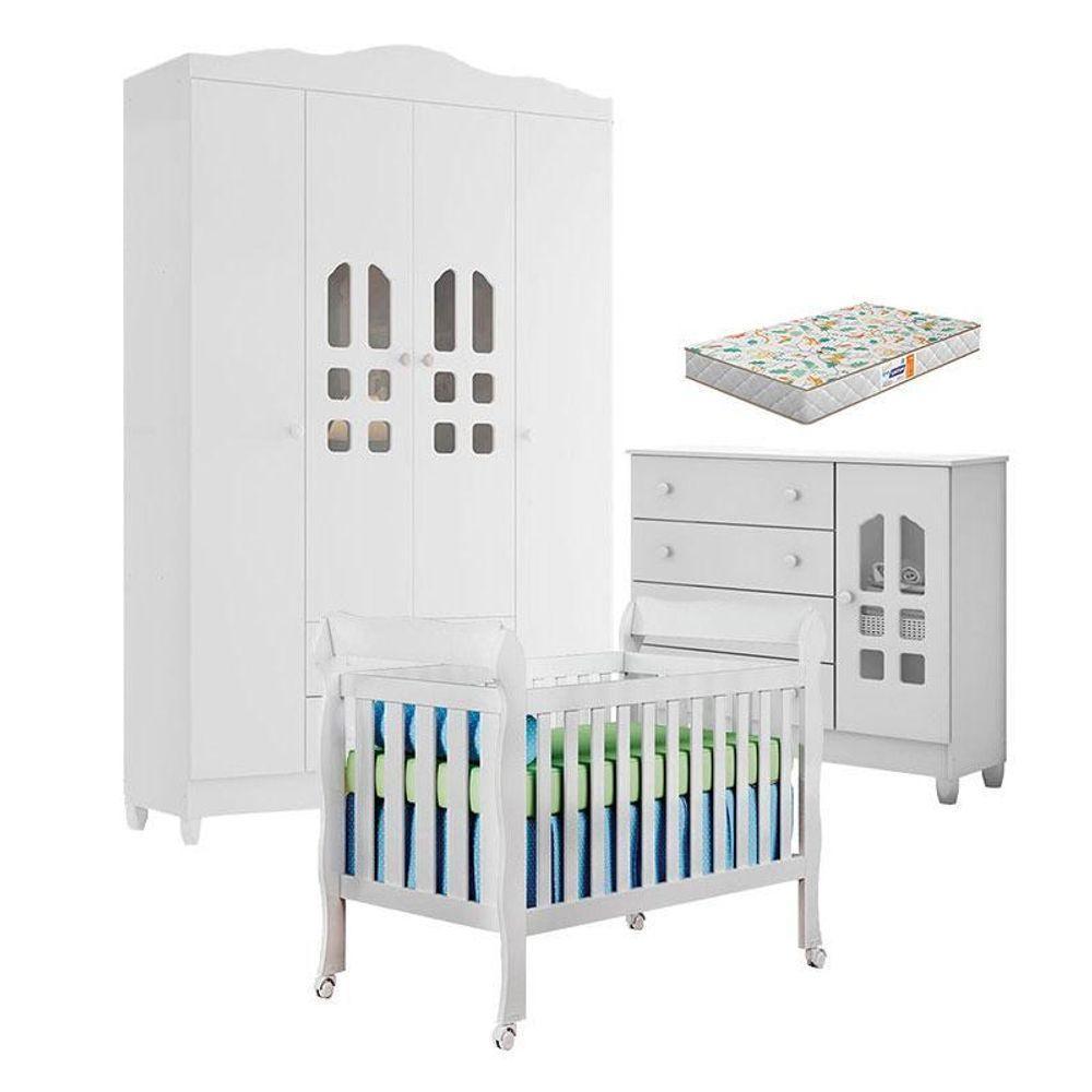 Quarto De Bebê New Selena 4 Portas Com Berço Lila E Cômoda Selena Branco Brilho E Colchão Gazin – Carolina Móveis - 1