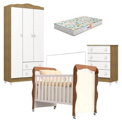 Quarto De Bebê Mel Flat E Berço Americano New Nanda Branco Acetinado Amadeirado Com Colchão Gazin - Carolina