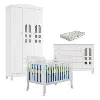 Quarto De Bebê New Selena 3 Portas Com Berço Lila E Cômoda Gran Selena Branco Brilho E Colchão Gazin – Carolina Móveis - 1