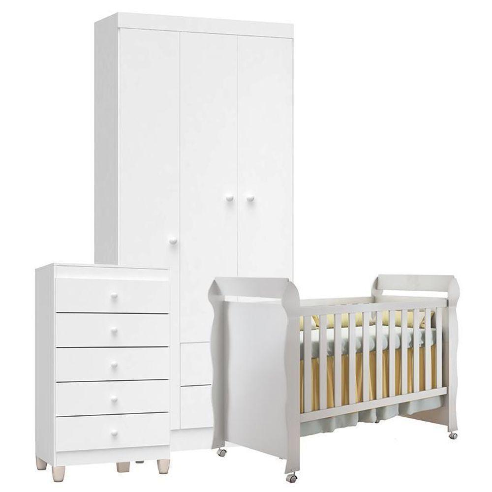 Quarto De Bebê 3 Portas Com Gaveteiro Ternura Baby E Berço Mirelle Branco Brilho - Incorplac - 1