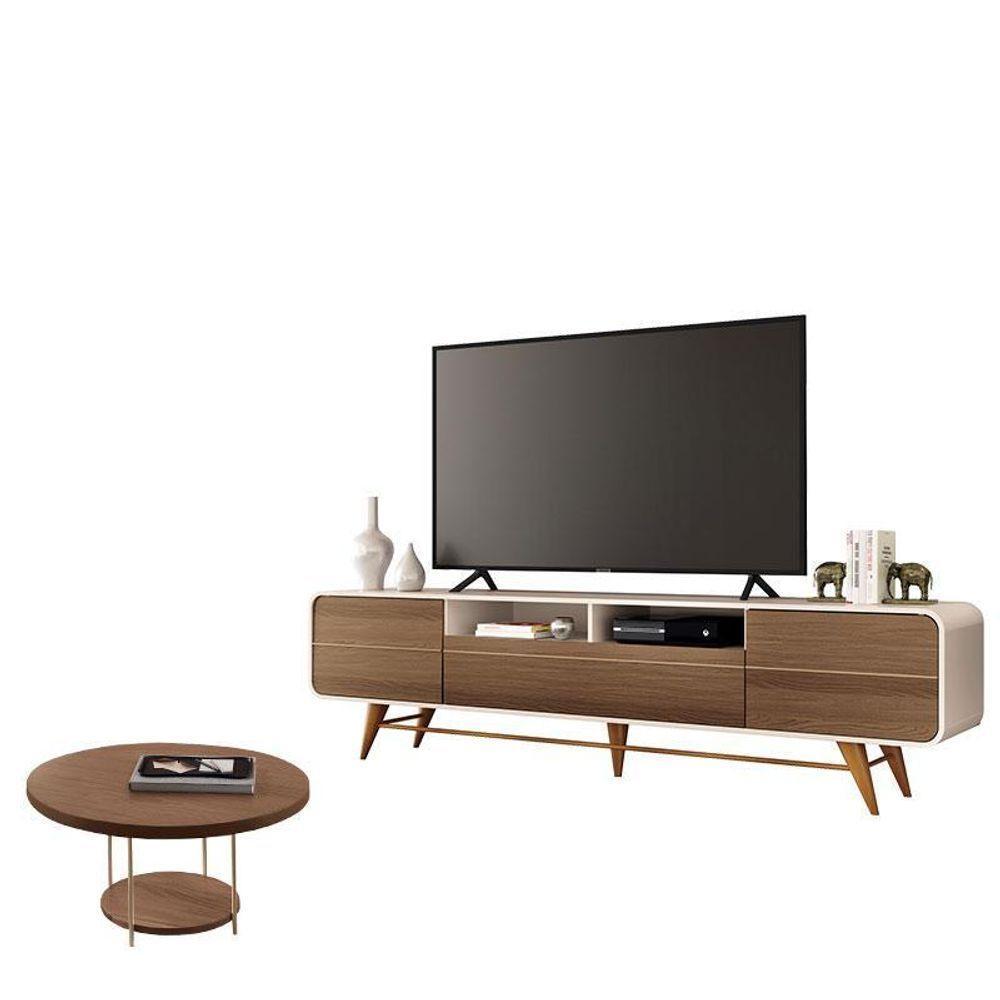 Rack Bancada época Com Mesa De Centro Sky Castanho Off White - Hb Móveis - 1