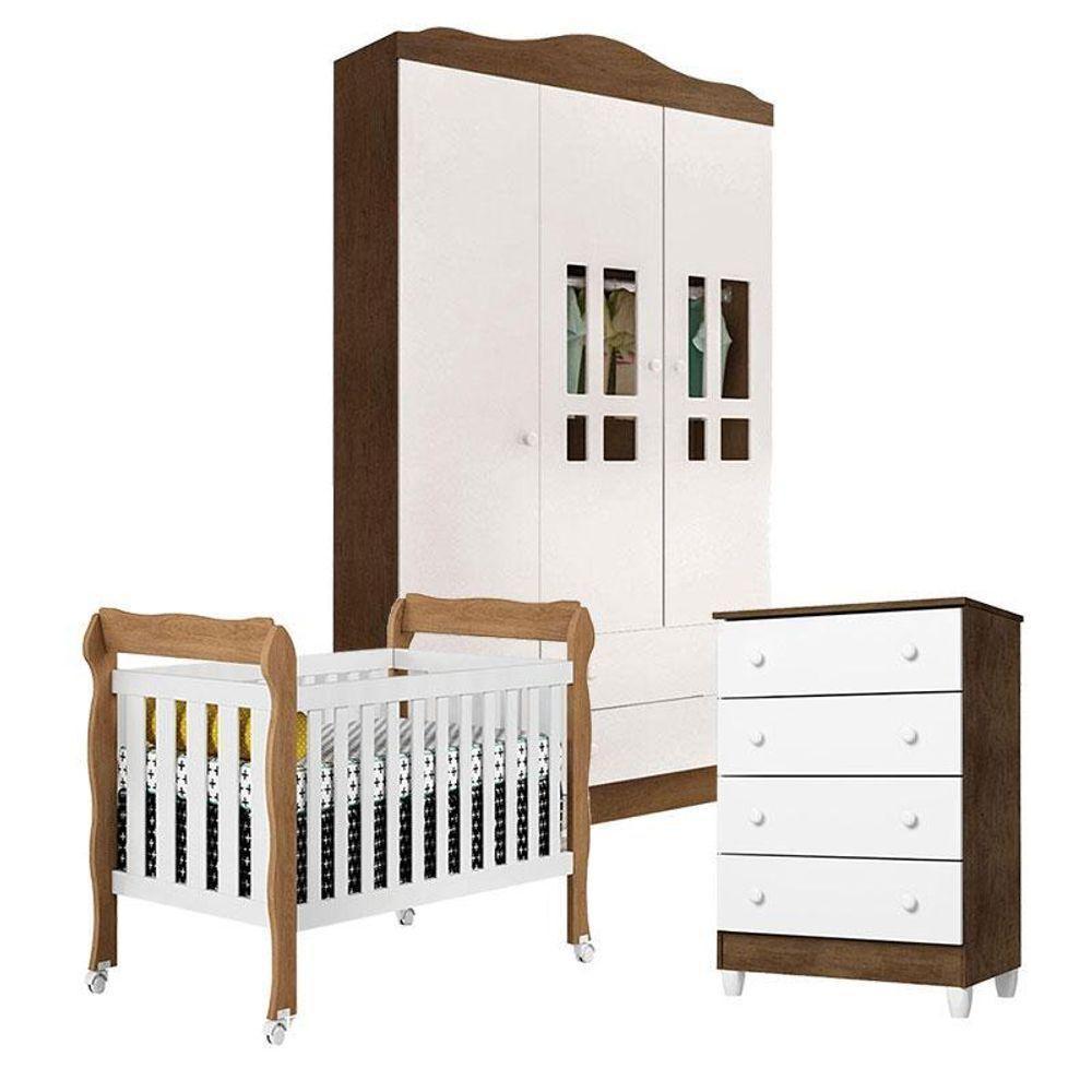 Quarto De Bebê Ariel 3 Portas Com Gaveteiro E Berço Americano Lila Branco Acetinado Amadeirado - Carolina - 1