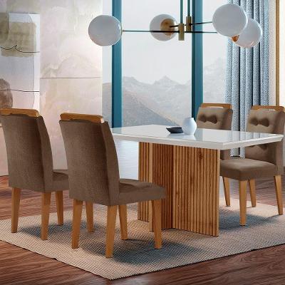 Sala de Jantar Olimpia 4 Lugares Tampo de Vidro Canto Reto Marrom Off White e Imbuia 120cm
