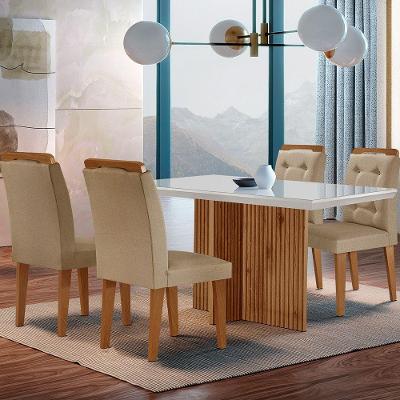 Sala de Jantar Olimpia 4 Lugares Tampo em Vidro com Cadeiras Turim Off White 120cm