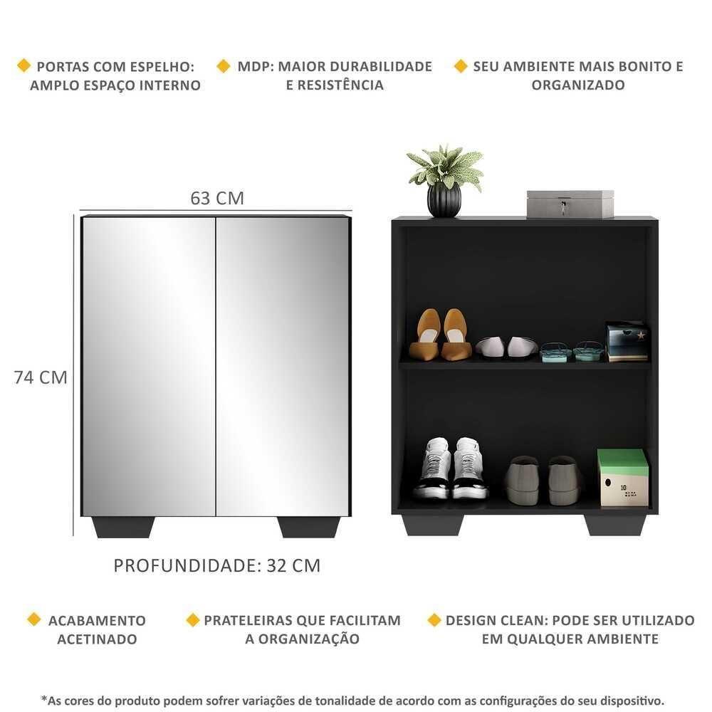 Sapateira 2 Portas Com Espelho Nina Multimóveis V6013 Preta Preto - 5