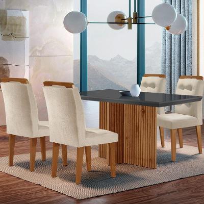 Sala de Jantar Olímpia 4 Lugares Tampo de Vidro Canto Reto Creme Grafite e Imbuia 120cm