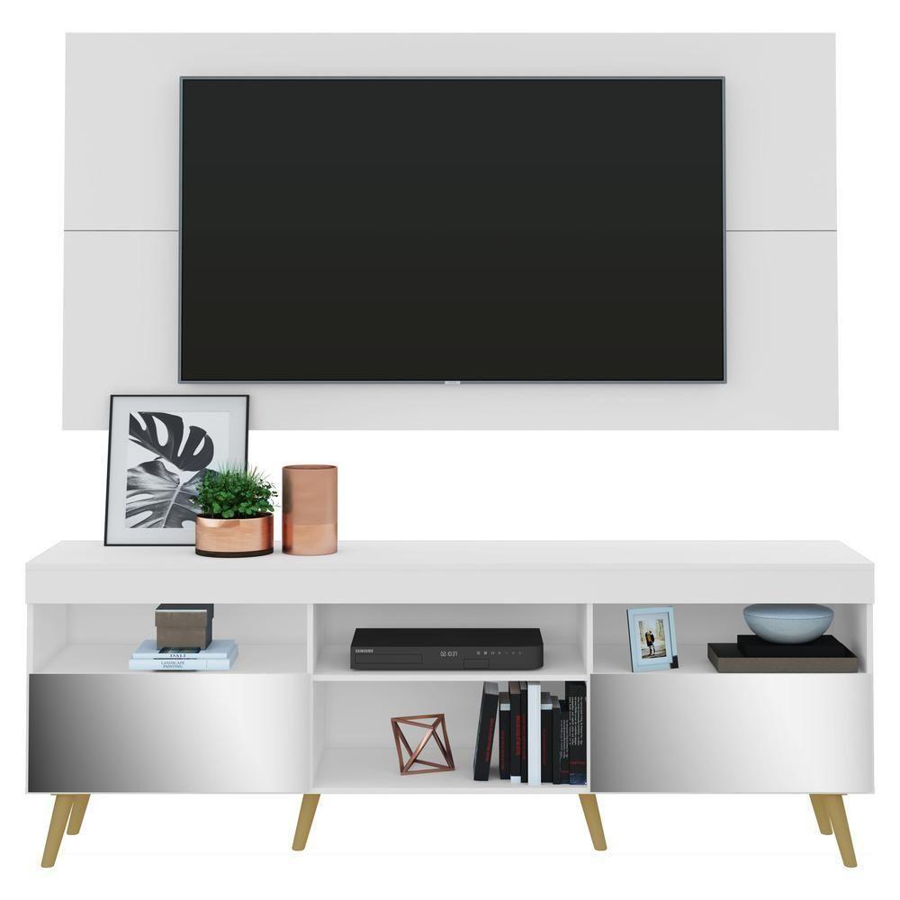 Rack Com Painel E Suporte Tv 65" Retrô Com Espelho Flórida Multimóveis V3142 Branco/Natural - 1