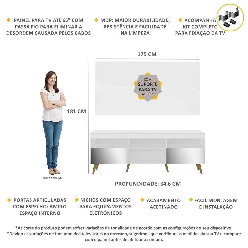 Rack Com Painel E Suporte Tv 65" Retrô Com Espelho Flórida Multimóveis V3142 Branco/Natural - 6