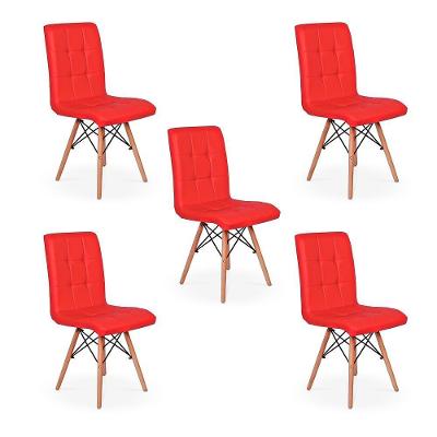 Conjunto 5 Cadeiras Eiffel Gomos Estofada Base Madeira Vermelha