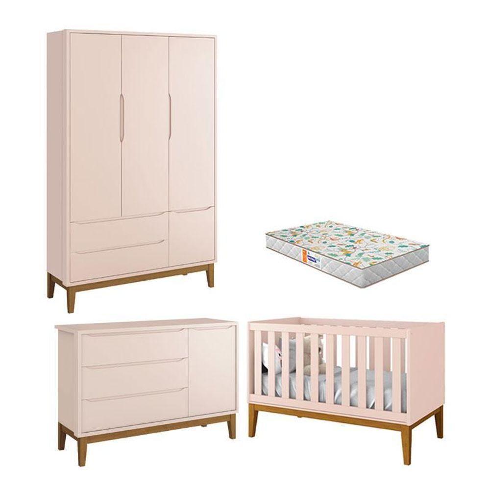 Quarto De Bebê 3 Portas New Classic Rosa Com Pés Madeira E Colchão Gazin ? Reller - 1