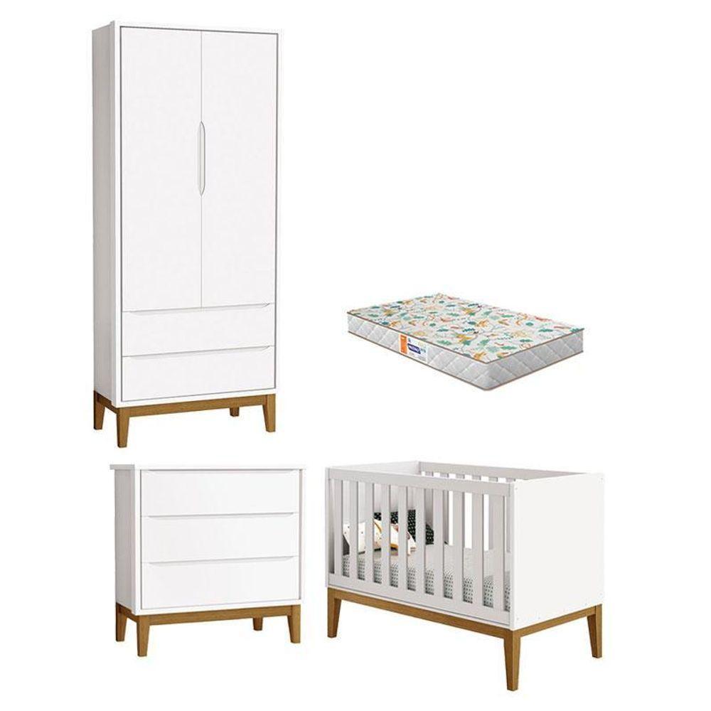 Quarto De Bebê 2 Portas E Cômoda Gaveteiro New Classic Branco Com Pés Madeira E Colchão Gazin ? Reller - 1