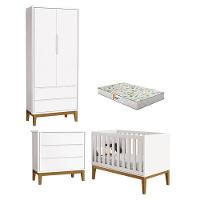 Quarto De Bebê 2 Portas E Cômoda Gaveteiro New Classic Branco Com Pés Madeira E Colchão Gazin ? Reller - 1
