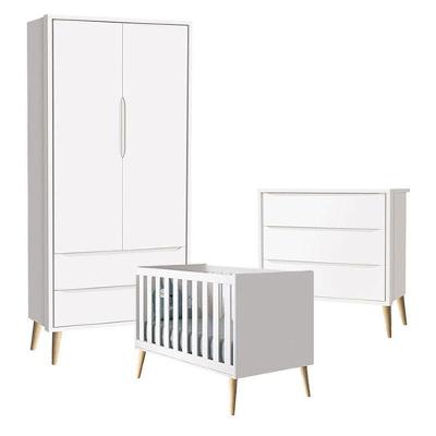 Quarto De Bebê Theo 2 Portas Com Cômoda Gaveteiro Branco Acetinado Pés Madeira Natural - Reller