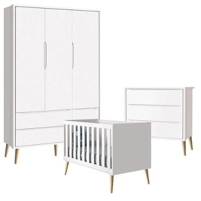 Quarto de Bebê Theo 3 Portas com Cômoda Gaveteiro MDF 135cm Branco Acetinado Reller