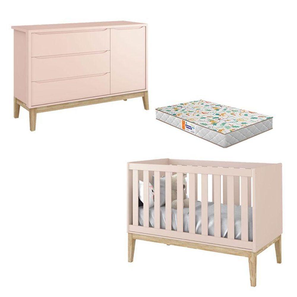 Berço Americano E Cômoda New Classic Rosa Com Pés Madeira Natural E Colchão Gazin ? Reller - 1