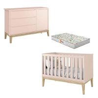 Berço Americano E Cômoda New Classic Rosa Com Pés Madeira Natural E Colchão Gazin ? Reller - 1