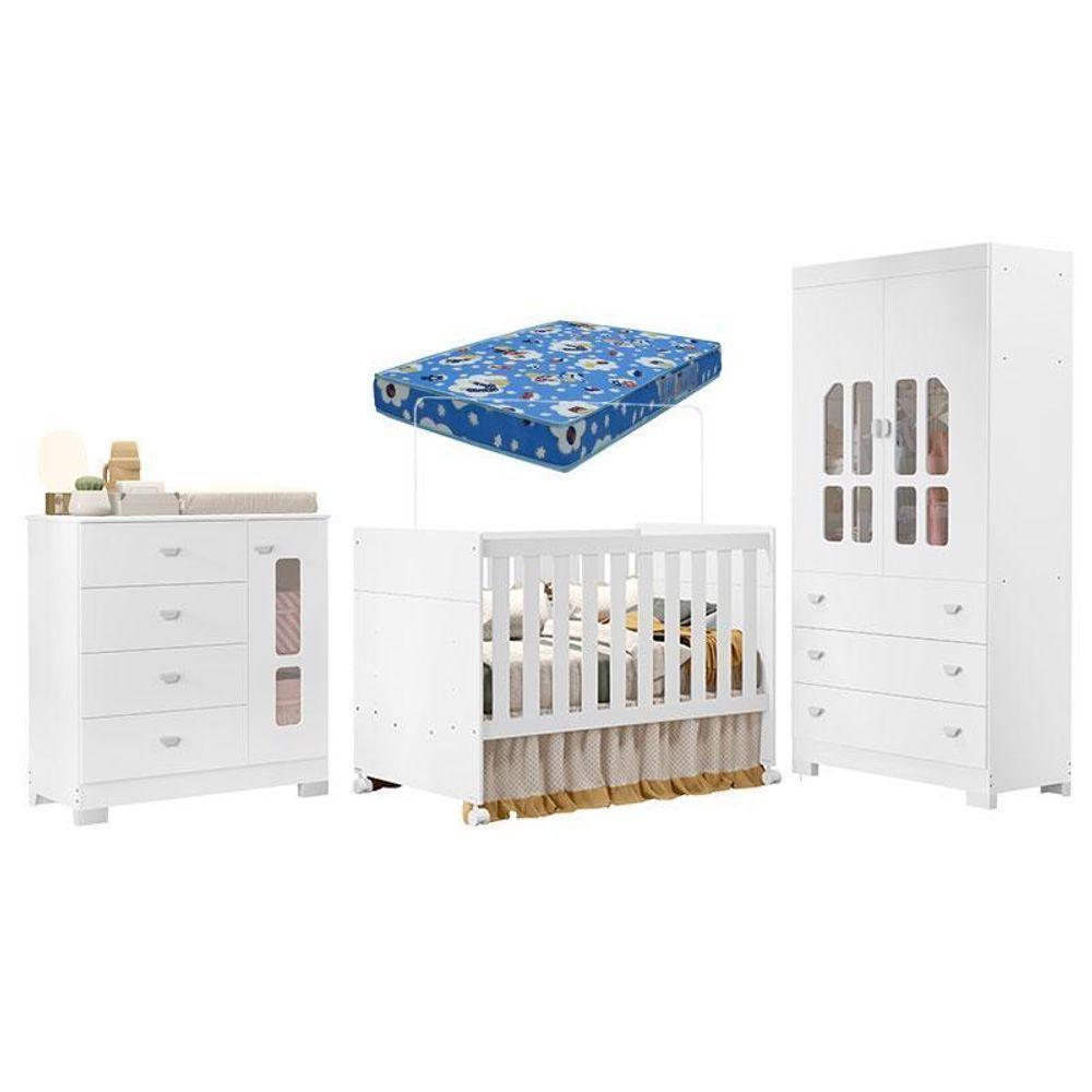 Quarto De Bebê New Katatau Branco Acetinado Com Colchão Ortobom ? Reller - 1