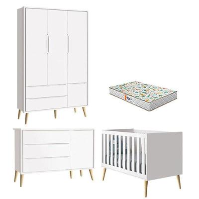 Quarto De Bebê 3 Portas Theo Branco Pés Madeira Natural Com Colchão Gazin ? Reller