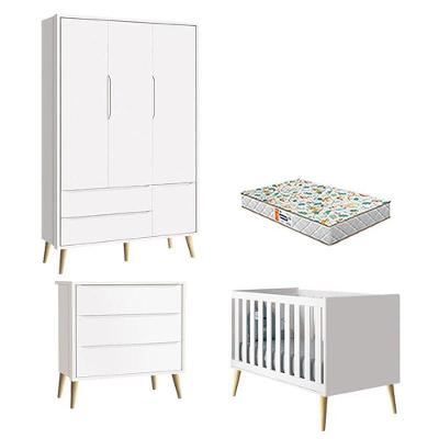 Quarto De Bebê 3 Portas E Cômoda Gaveteiro Theo Branco Pés Madeira Natural Com Colchão Gazin ? Reller