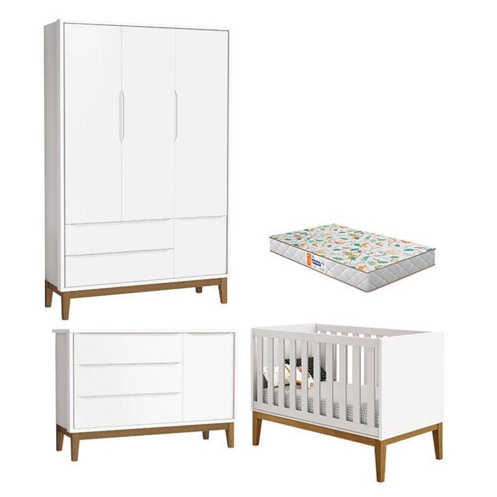 Quarto De Bebê 3 Portas New Classic Branco Com Pés Madeira E Colchão Gazin ? Reller - 1