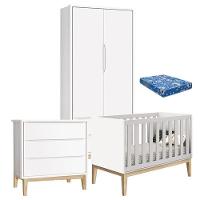 Quarto De Bebê Classic 2 Portas Com Colchão E Cômoda Gaveteiro Branco Pés Madeira Natural ? Reller - 1