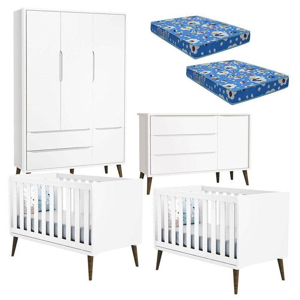 Quarto De Bebê Theo 3 Portas Com 02 Berços Branco Acetinado Com Pés Amadeirados E Colchão ? Reller - 1