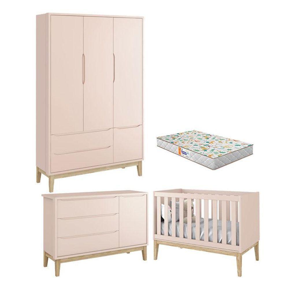 Quarto De Bebê 3 Portas New Classic Rosa Com Pés Madeira Natural E Colchão Gazin ? Reller - 1