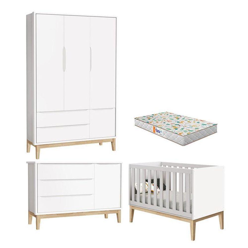 Quarto De Bebê 3 Portas New Classic Branco Com Pés Madeira Natural E Colchão Gazin ? Reller - 1